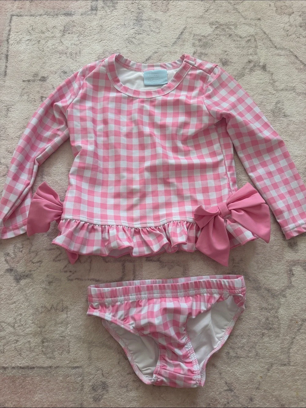 Pink Gingham Long-Sleeve Rashguard Swim Set with Bows